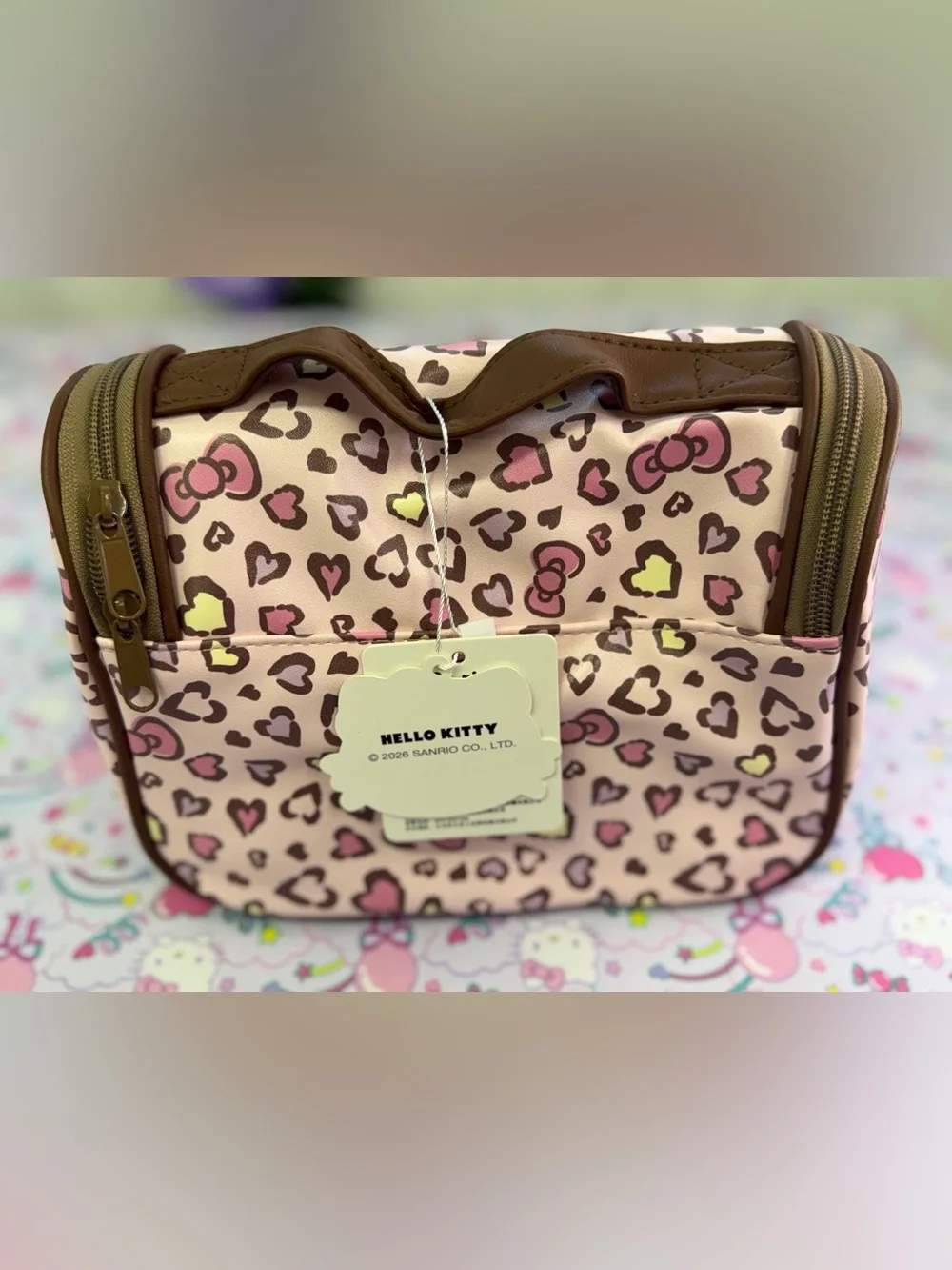 Hello Kitty Pink Leopard Print Makeup Bag with Top Handle